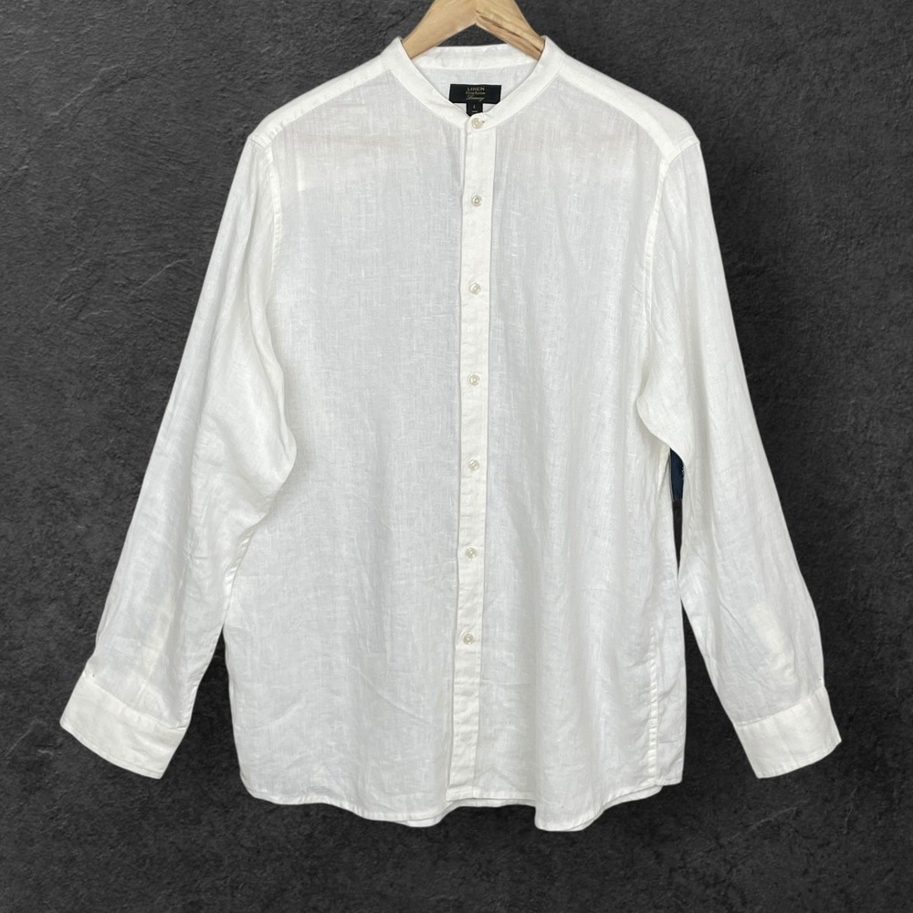 Club Room Minimalist Linen Button Up Shirt Mens L Quiet Luxury Band Collar Beach